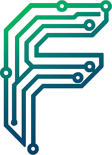 Logo da Fattorino: a letra F desenhada como trilhas de circuito